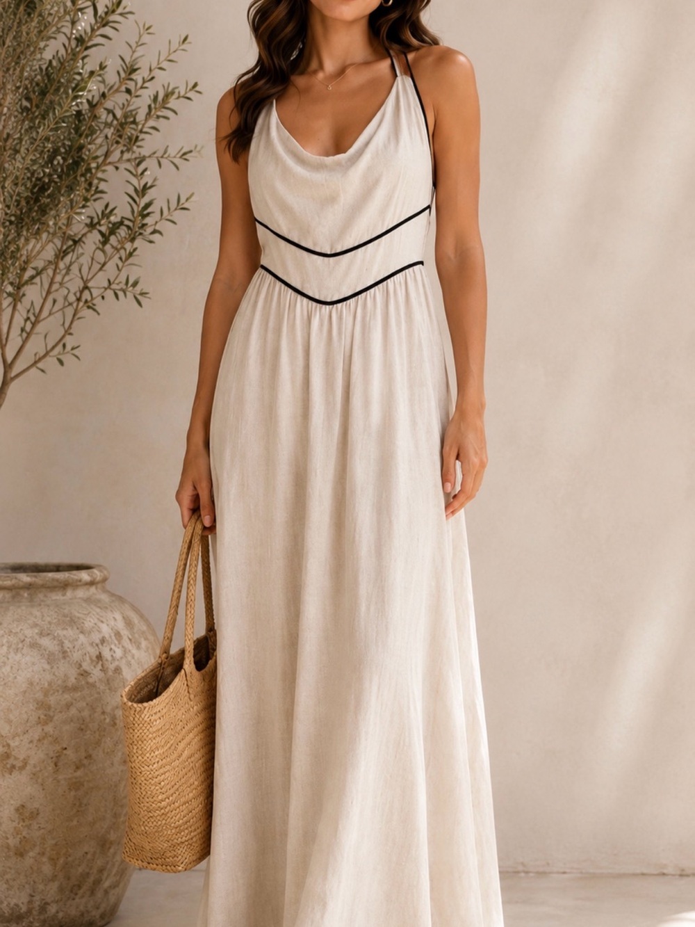 White Closet Elements Linen Blend Halter Maxi Dress NWT Size S